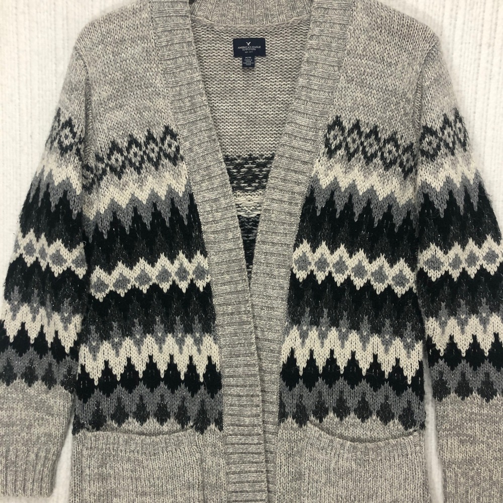 American Eagle Fair Isle Cardigan Grey Black Metallic‎ Open Front Sweater Medium